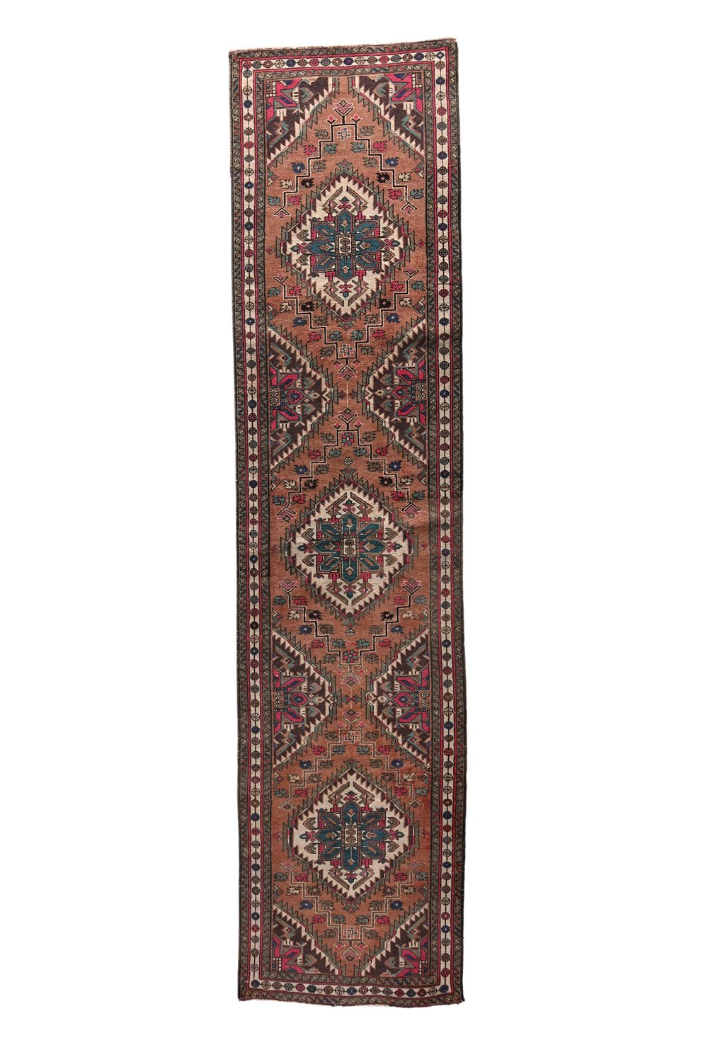 'Birch' Vintage Turkish Runner - 2'7" x 10'9" - Canary Lane
Vintage handwoven Turkish runner showcasing intricate floral and medallion patterns. The design features rich, vibrant colors like terracotta, peach, pink, purple, teal, cream, and brown, with a blend of warm and cool tones and detailed borders. Its luxurious texture and classic style bring sophistication and warmth to any space.