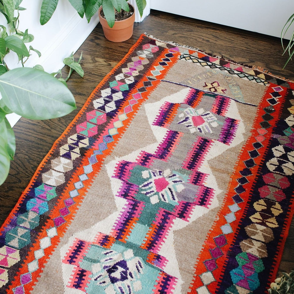 
                      
                        'Comet' Small Vintage Turkish Kilim Rug - 2’11” x 4’6” - Canary Lane
                      
                    