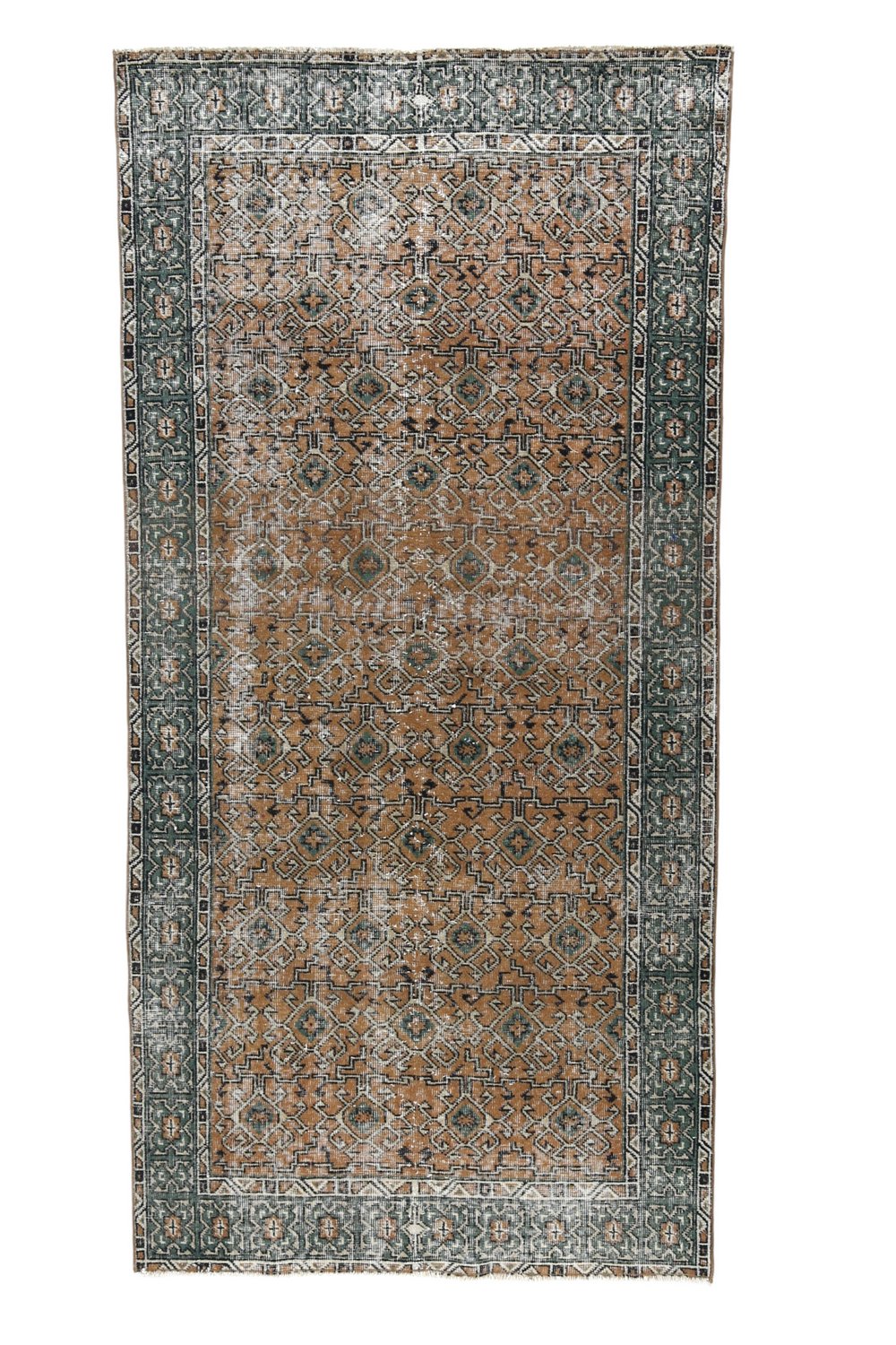 'Gwynn' Vintage Turkish Rug - 3'8.5" x 7'7" - Canary Lane
Vintage handwoven Turkish area rug showcasing an intricate floral pattern. The design features rich, vibrant colors like peach, teal, cream, and charcoal gray, with a blend of warm and cool tones and detailed borders. Its luxurious texture and classic style bring sophistication and warmth to any space.